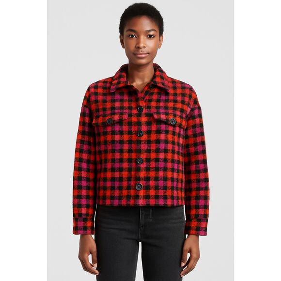 Sanctuary SZ S The Roller Shacket Red Pink Orange Black Plaid - Picture 1 of 8